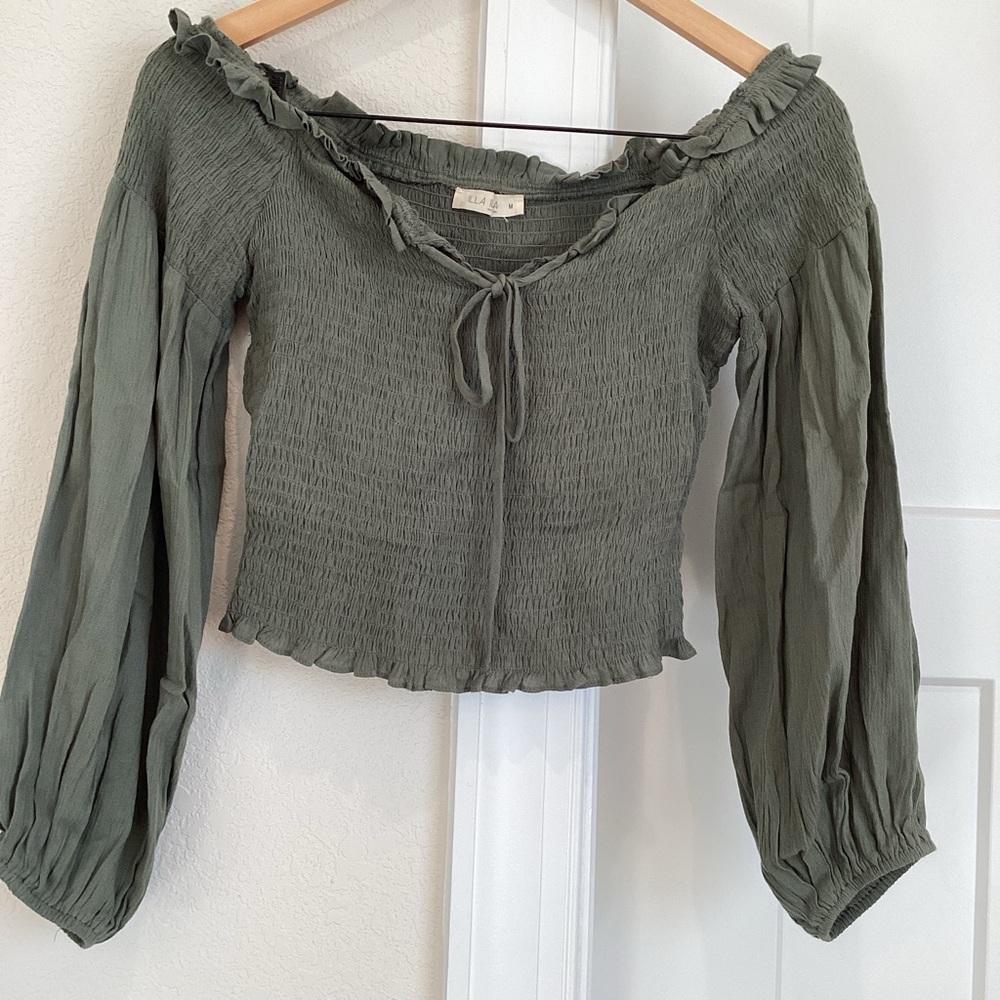 Long-Sleeve Cropped Smocked Blouse